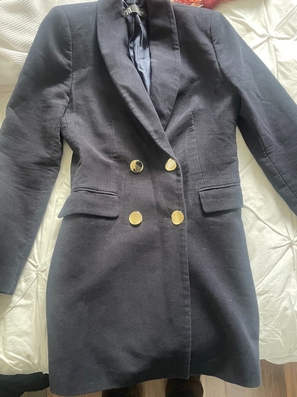 New Zara Navy Double Breasted Frock Coat Blazer with Gold Buttons 100% Cotton S